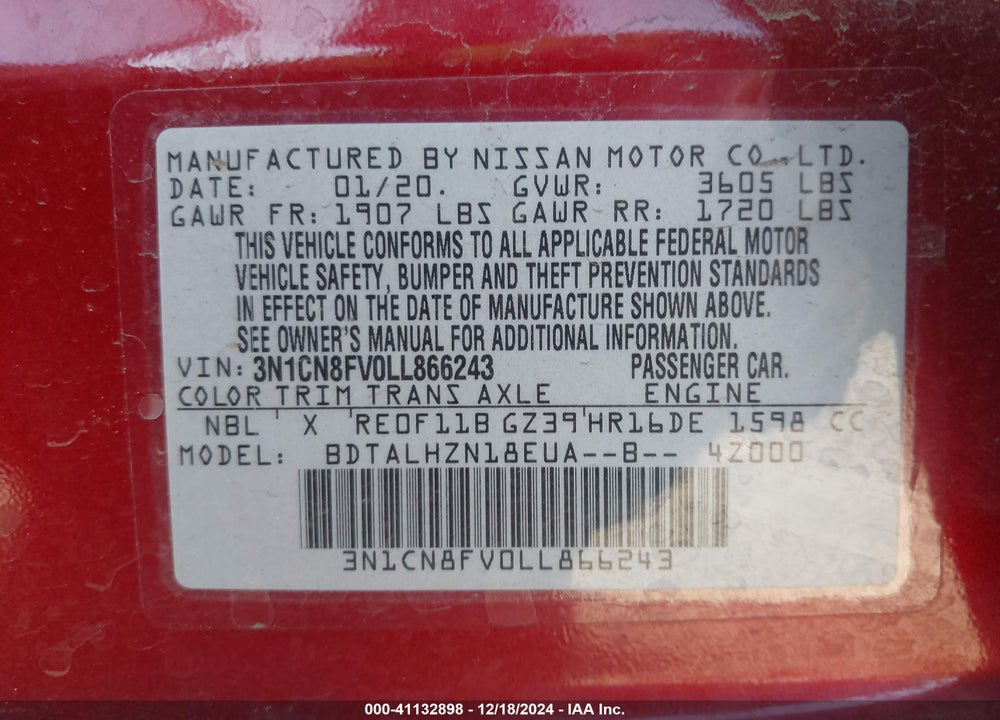 2020 NISSAN VERSA VIN: 3N1CN8FV0LL866243