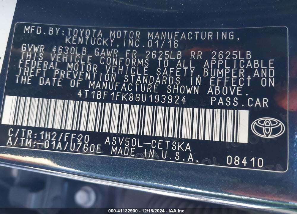 2016 TOYOTA CAMRY SE VIN: 4T1BF1FK8GU193924