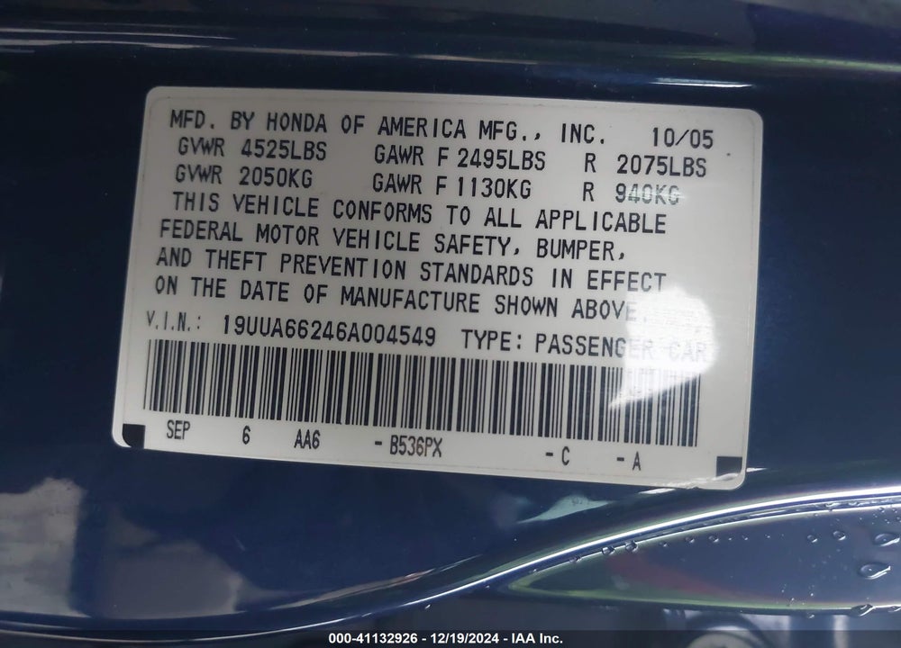 2006 ACURA TL VIN: 19UUA66246A004549