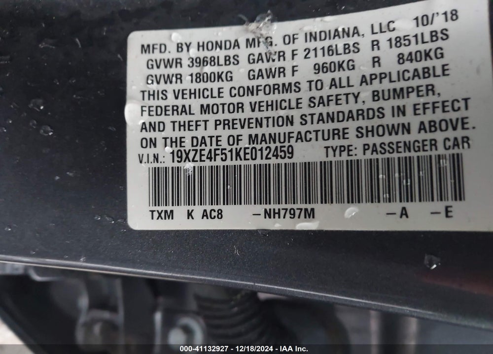 2019 HONDA INSIGHT EX VIN: 19XZE4F51KE012459