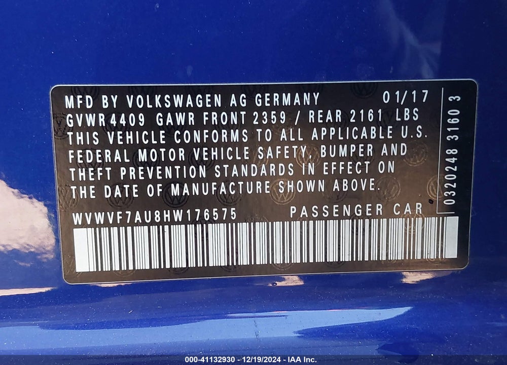 2017 VOLKSWAGEN GOLF R 4-DOOR W/DCC & NAVIGATION VIN: WVWVF7AU8HW176575