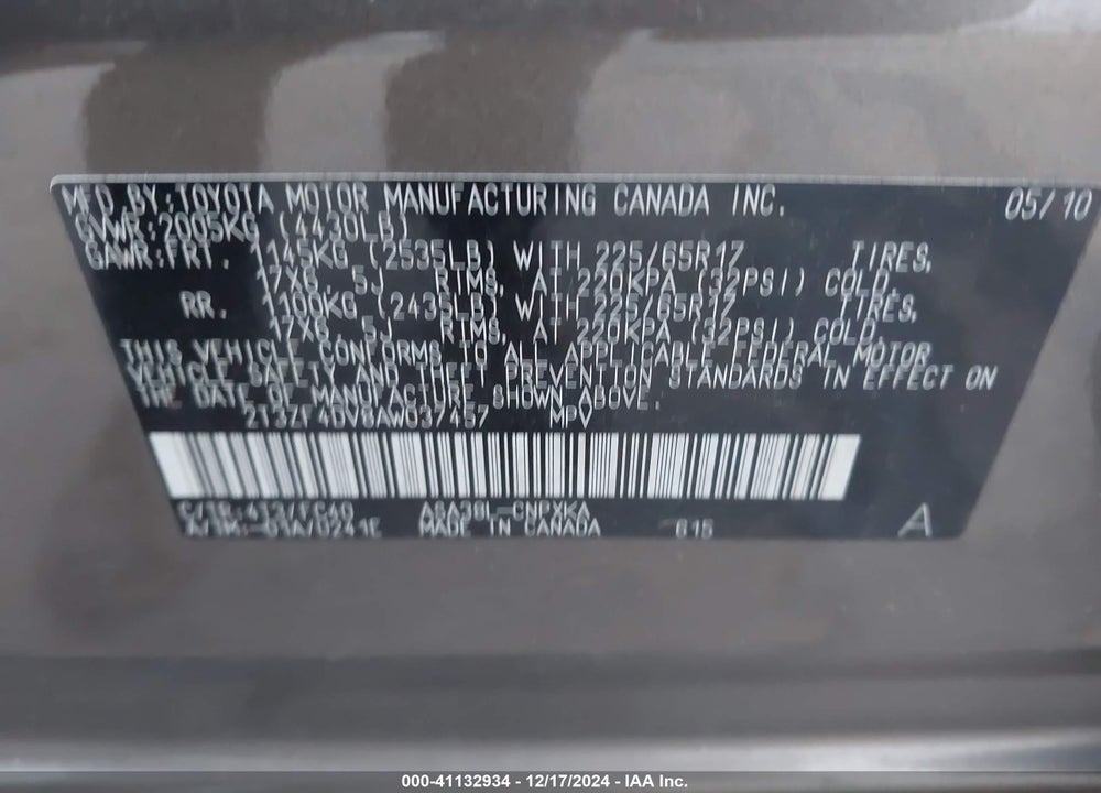 2010 TOYOTA RAV4 VIN: 2T3ZF4DV8AW037457