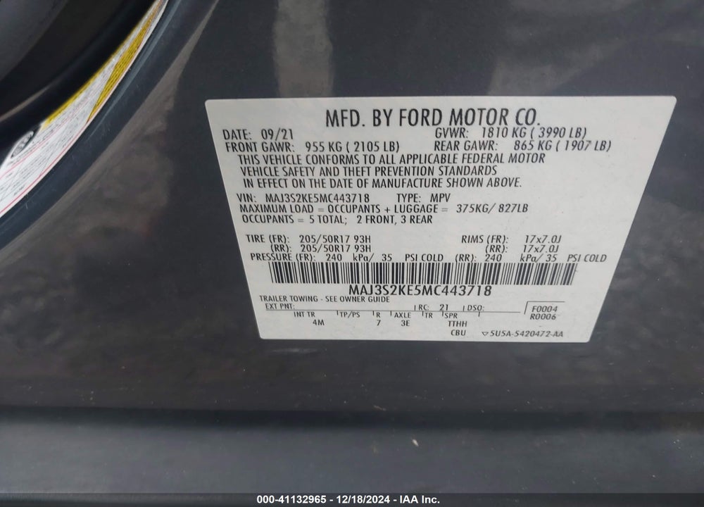 2021 FORD ECOSPORT TITANIUM VIN: MAJ3S2KE5MC443718
