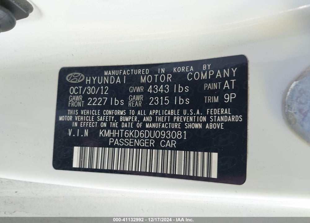 2013 HYUNDAI GENESIS 2.0T VIN: KMHHT6KD6DU093081