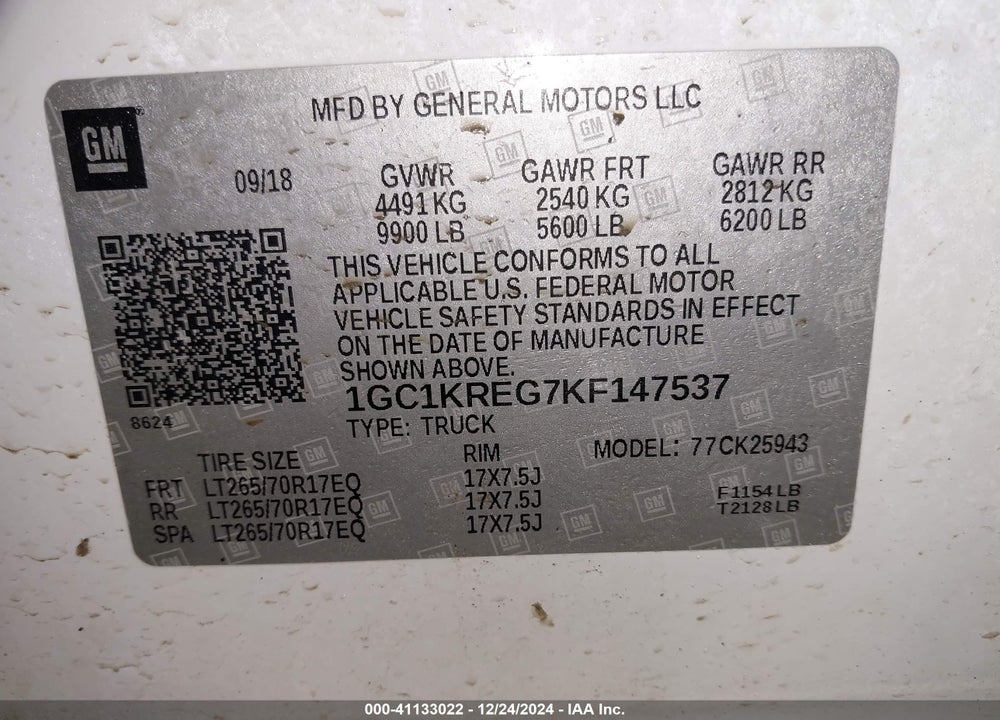 2019 CHEVROLET SILVERADO VIN: 1GC1KREG7KF147537