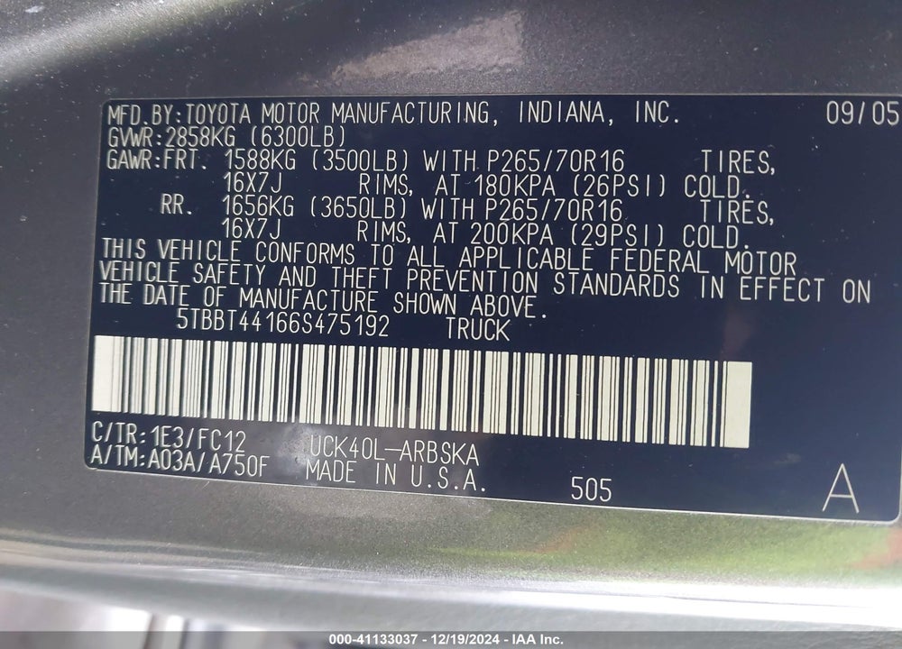2006 TOYOTA TUNDRA SR5 V8 VIN: 5TBBT44166S475192