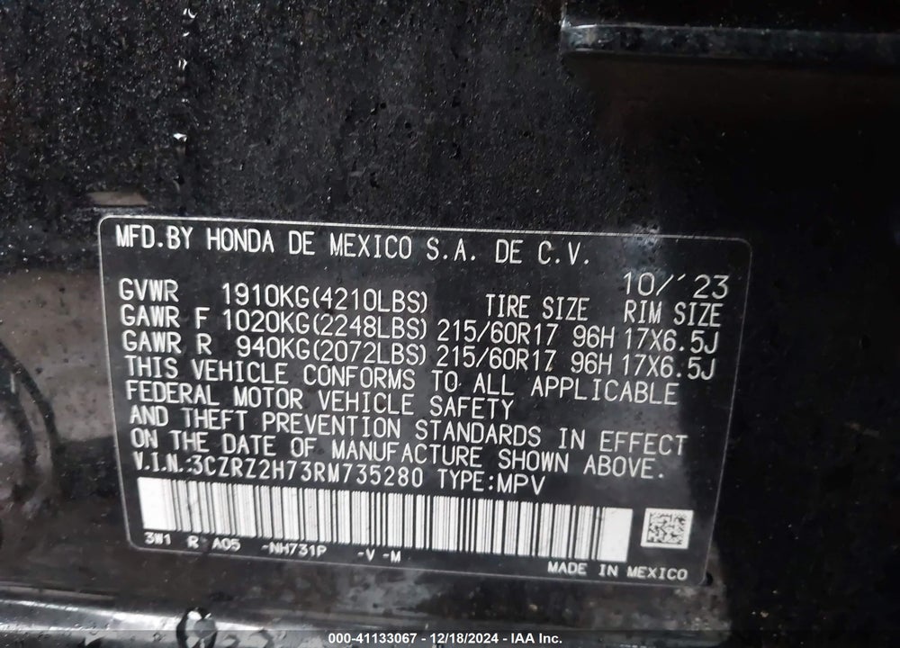 2024 HONDA HR-V AWD EX-L/AWD EX-L W/O BSI VIN: 3CZRZ2H73RM735280