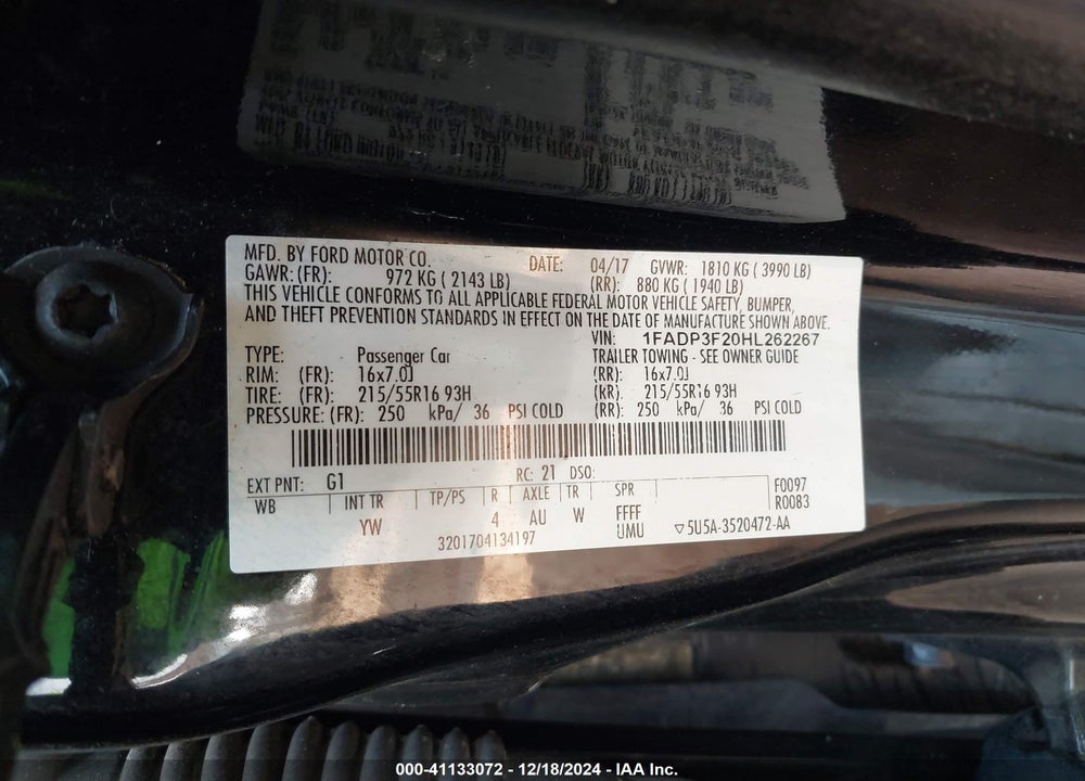2017 FORD FOCUS SE VIN: 1FADP3F20HL262267
