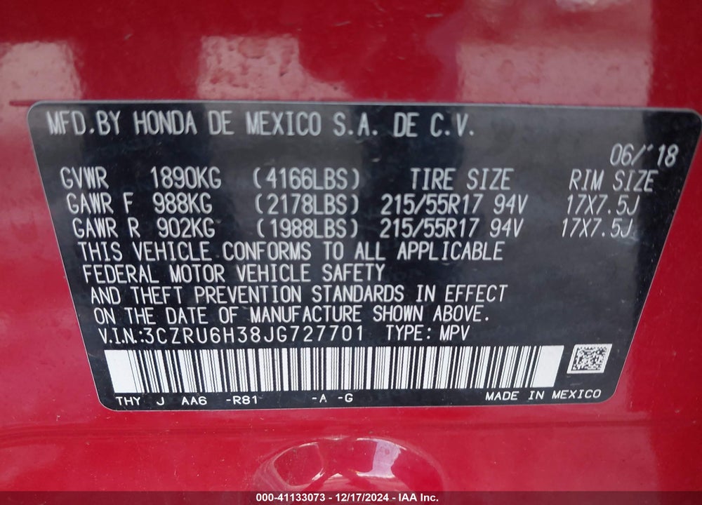 2018 HONDA HR-V LX VIN: 3CZRU6H38JG727701
