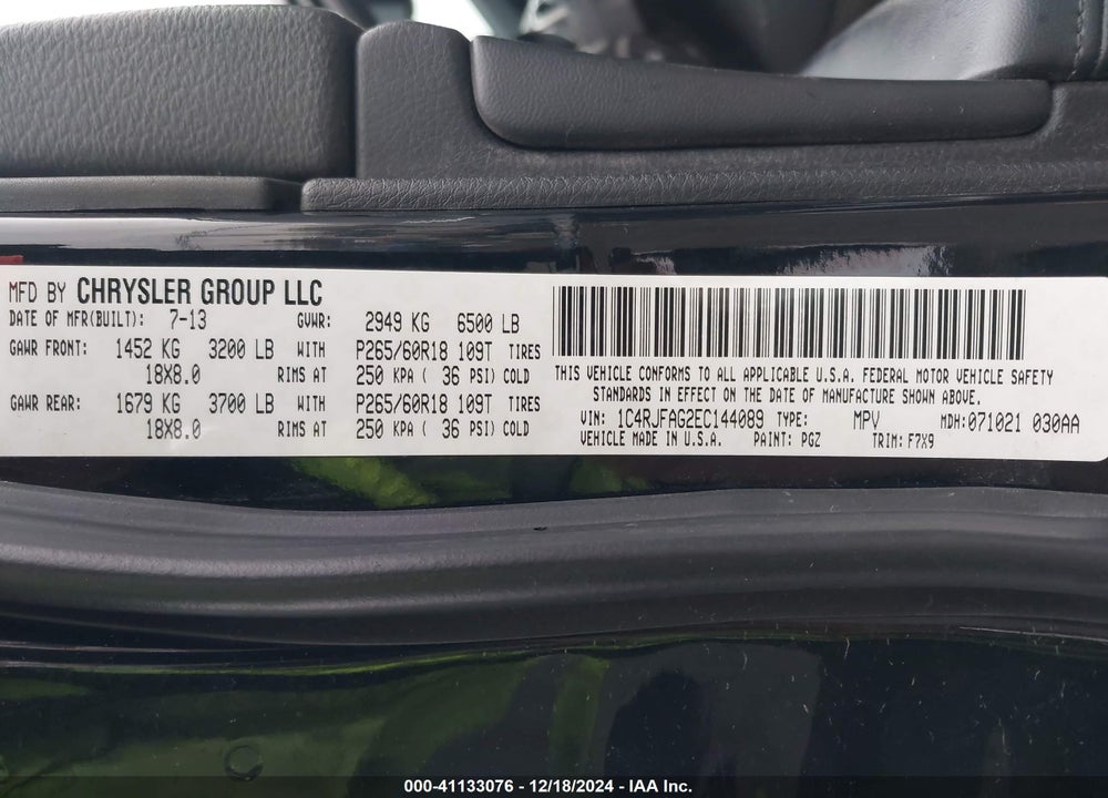 2014 JEEP GRAND CHEROKEE LAREDO VIN: 1C4RJFAG2EC144089