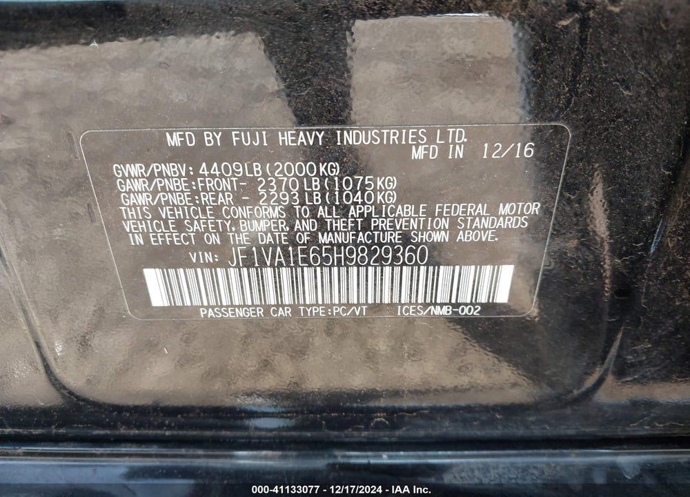 2017 SUBARU WRX PREMIUM VIN: JF1VA1E65H9829360