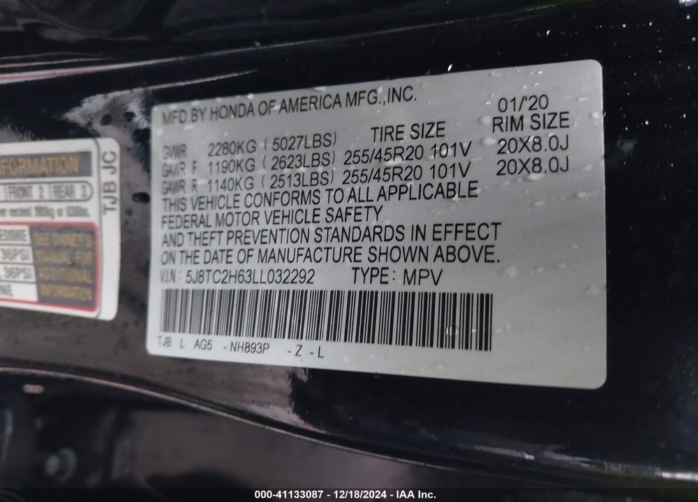 2020 ACURA RDX A-SPEC PACKAGE VIN: 5J8TC2H63LL032292