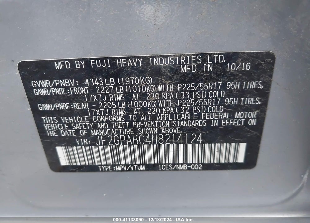 2017 SUBARU CROSSTREK 2.0I PREMIUM VIN: JF2GPABC4H8214124