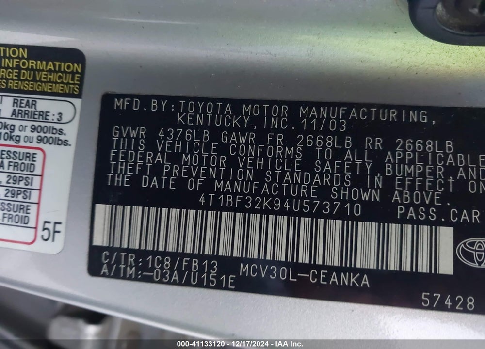 2004 TOYOTA CAMRY LE V6 VIN: 4T1BF32K94U573710