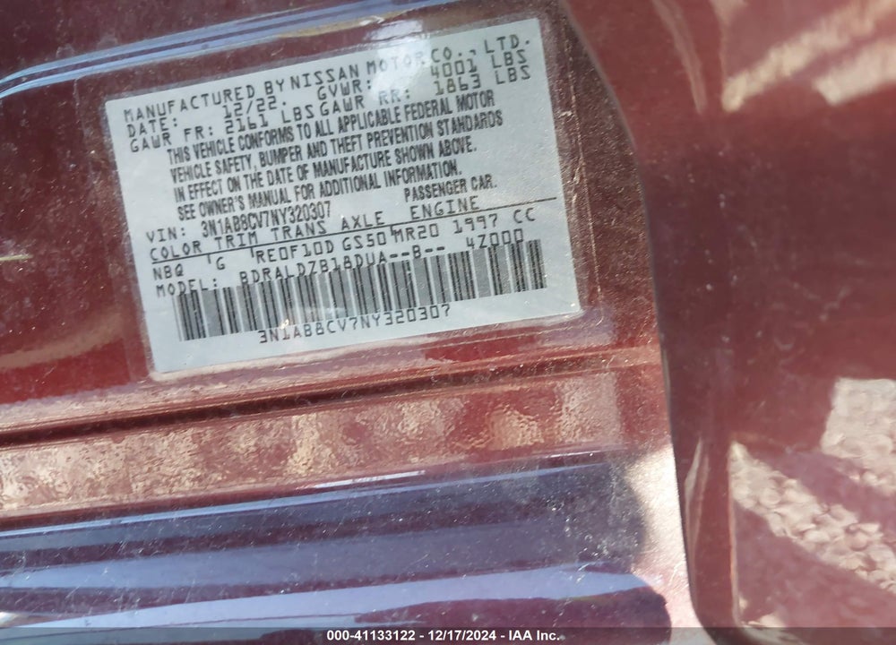 2022 NISSAN SENTRA SV XTRONIC CVT VIN: 3N1AB8CV7NY320307