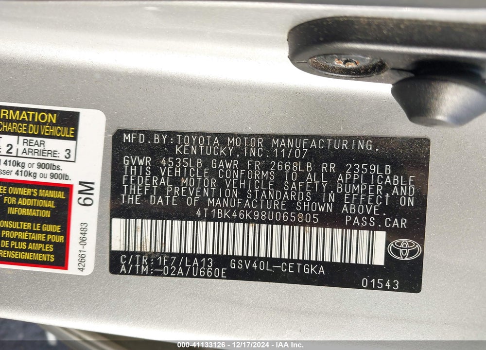 2008 TOYOTA CAMRY XLE V6 VIN: 4T1BK46K98U065805