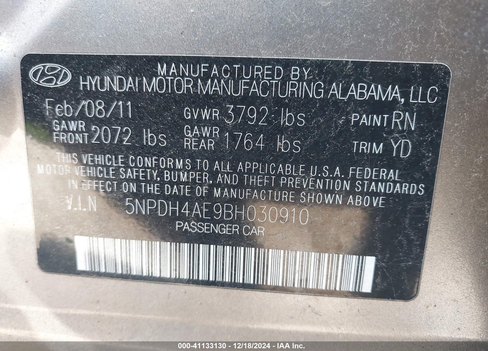 2011 HYUNDAI ELANTRA GLS VIN: 5NPDH4AE9BH030910