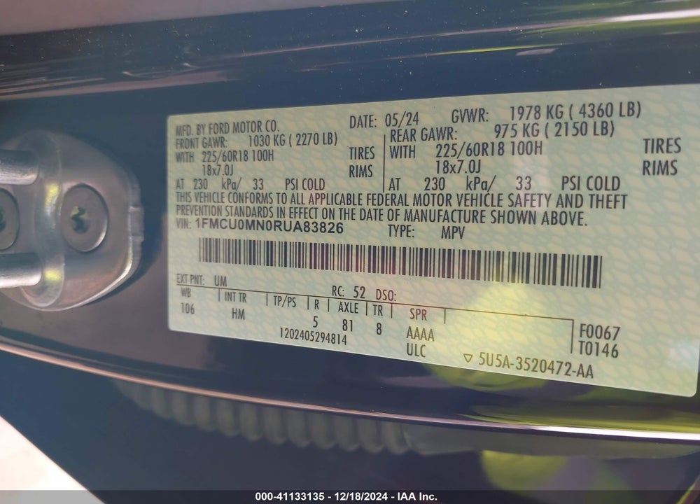 2024 FORD ESCAPE VIN: 1FMCU0MN0RUA83826