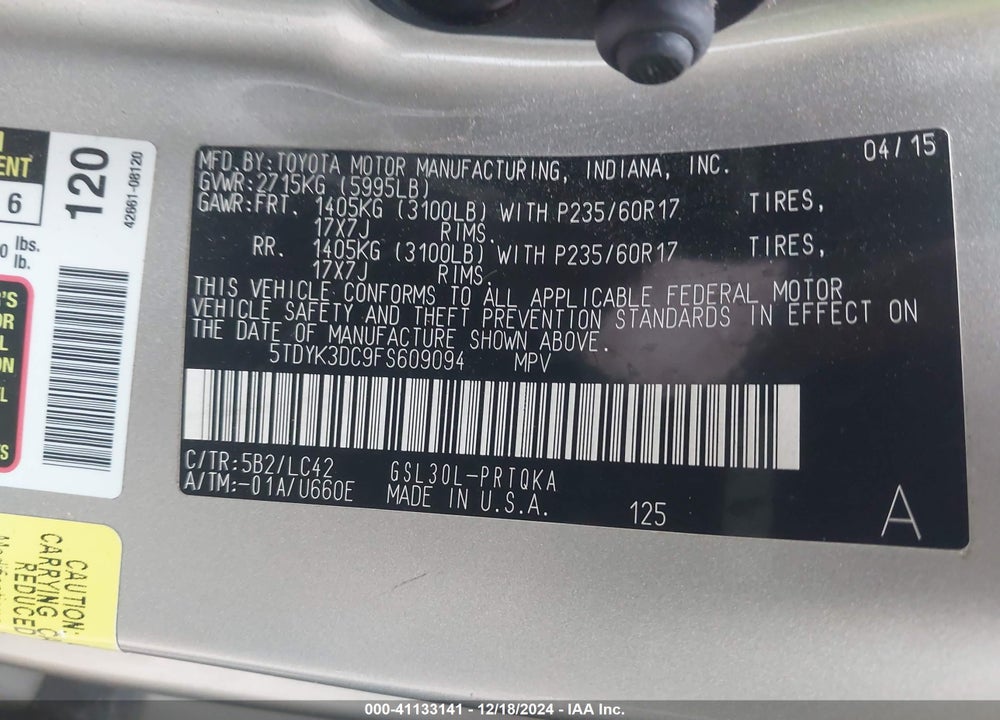2015 TOYOTA SIENNA XLE LIMITED VIN: 5TDYK3DC9FS609094