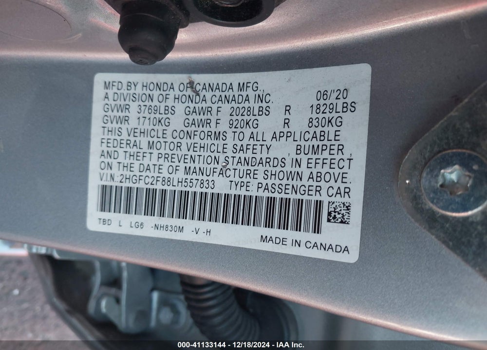 2020 HONDA CIVIC SPORT VIN: 2HGFC2F88LH557833