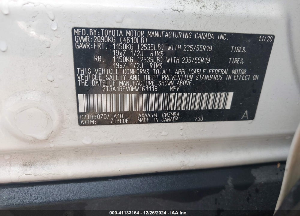 2021 TOYOTA RAV4 XLE PREMIUM VIN: 2T3A1RFV0MW161118