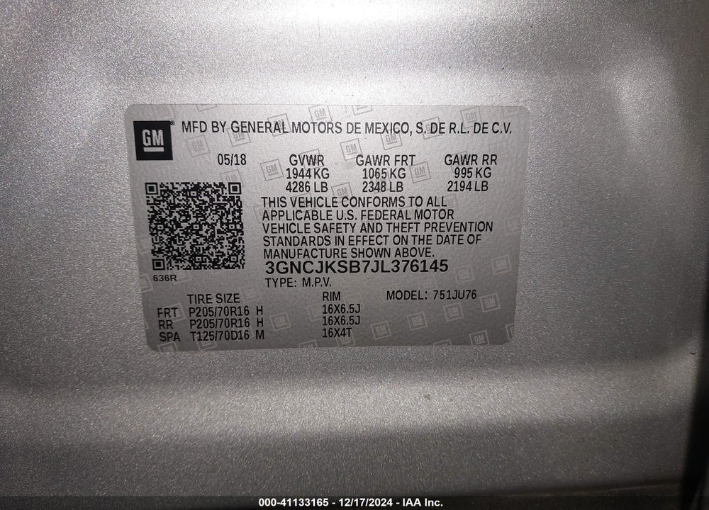 2018 CHEVROLET TRAX LS VIN: 3GNCJKSB7JL376145