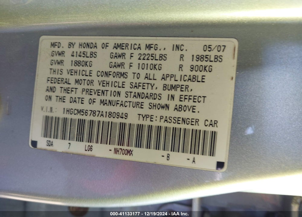 2007 HONDA ACCORD 2.4 EX VIN: 1HGCM56787A180949