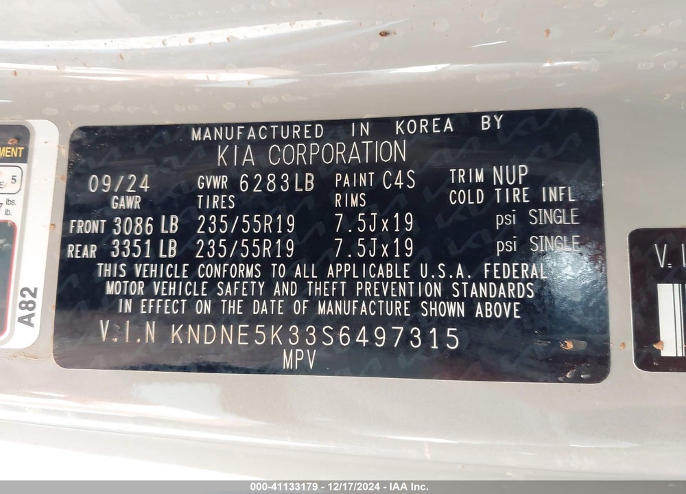 2025 KIA CARNIVAL MPV SX PRESTIGE VIN: KNDNE5K33S6497315