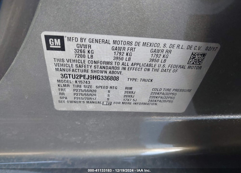 2017 GMC SIERRA 1500 VIN: 3GTU2PEJ9HG336808