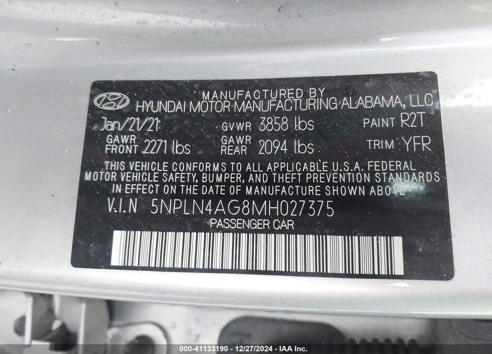 2021 HYUNDAI ELANTRA SEL VIN: 5NPLN4AG8MH027375