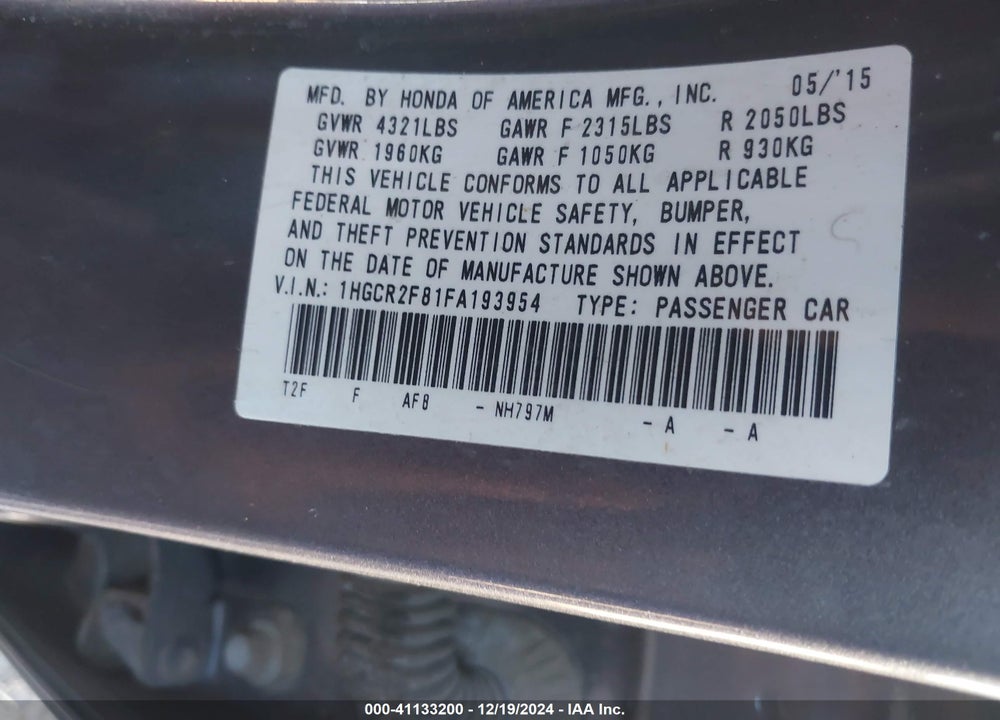 2015 HONDA ACCORD EX-L VIN: 1HGCR2F81FA193954