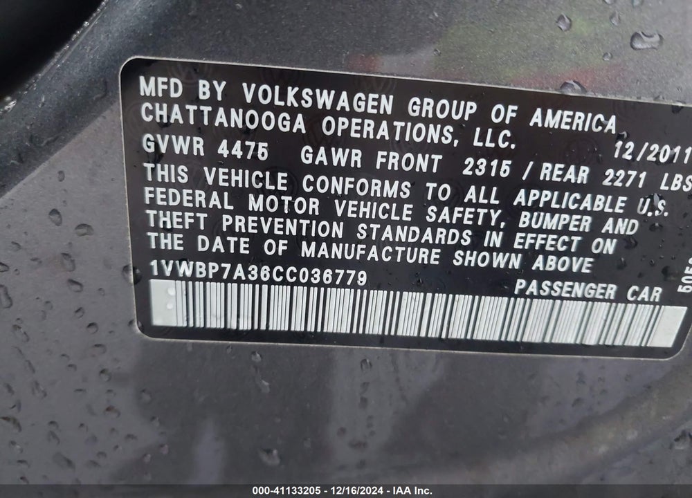 2012 VOLKSWAGEN PASSAT VIN: 1VWBP7A36CC036779