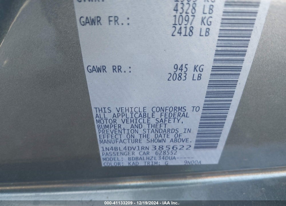 2024 NISSAN ALTIMA SV FWD VIN: 1N4BL4DV1RN385622