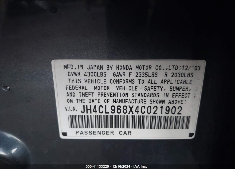 2004 ACURA TSX VIN: JH4CL968X4C021902