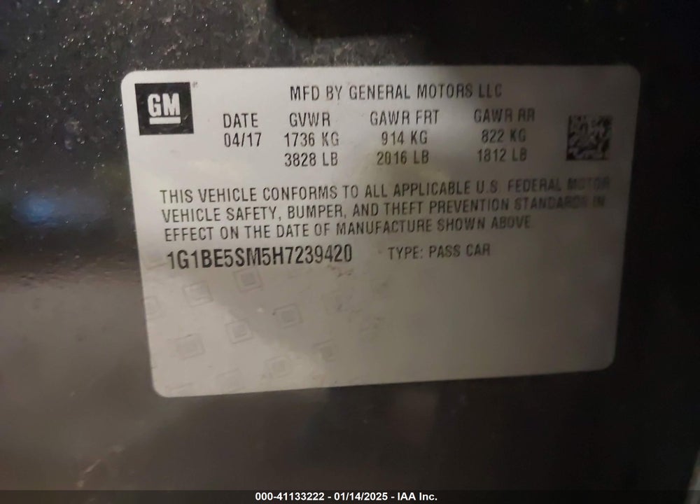 2017 CHEVROLET CRUZE LT AUTO VIN: 1G1BE5SM5H7239420