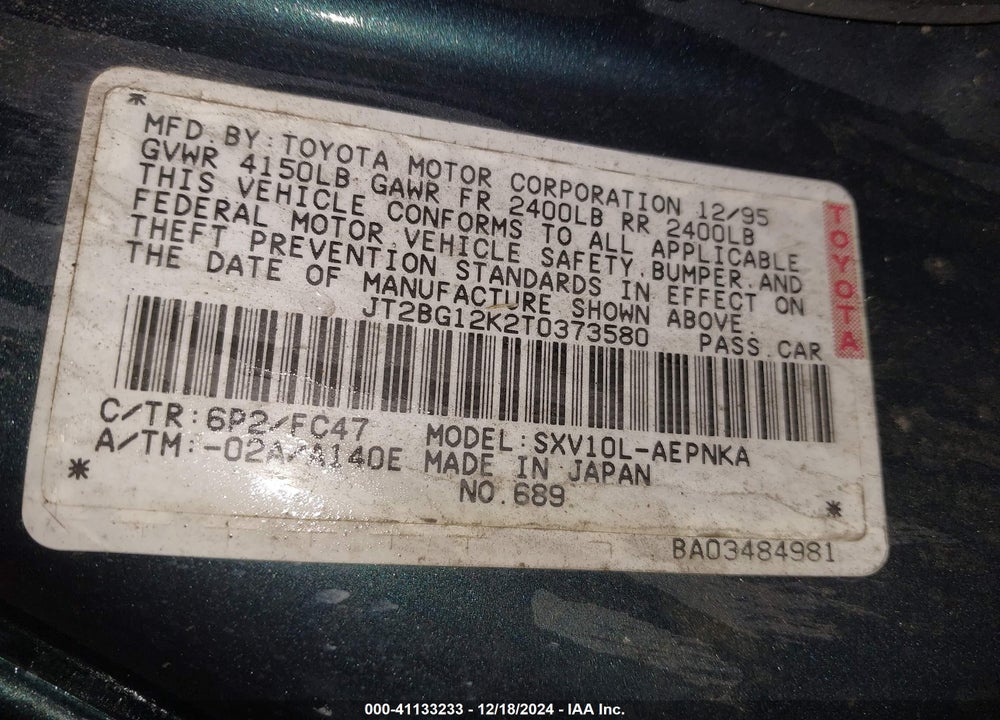 1996 TOYOTA CAMRY DX/LE/XLE VIN: JT2BG12K2T0373580