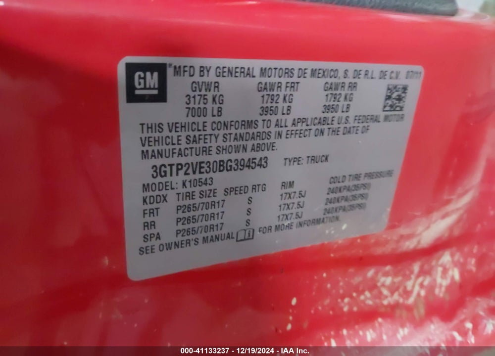 2011 GMC SIERRA 1500 SLE VIN: 3GTP2VE30BG394543