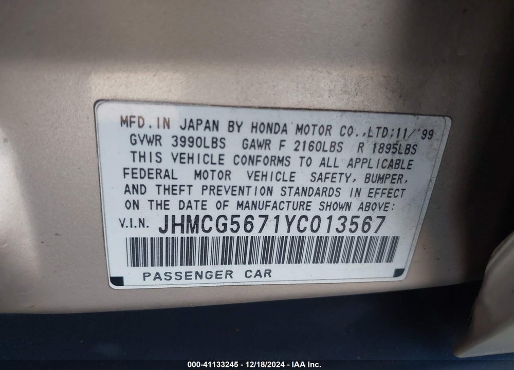 2000 HONDA ACCORD 2.3 SE VIN: JHMCG5671YC013567