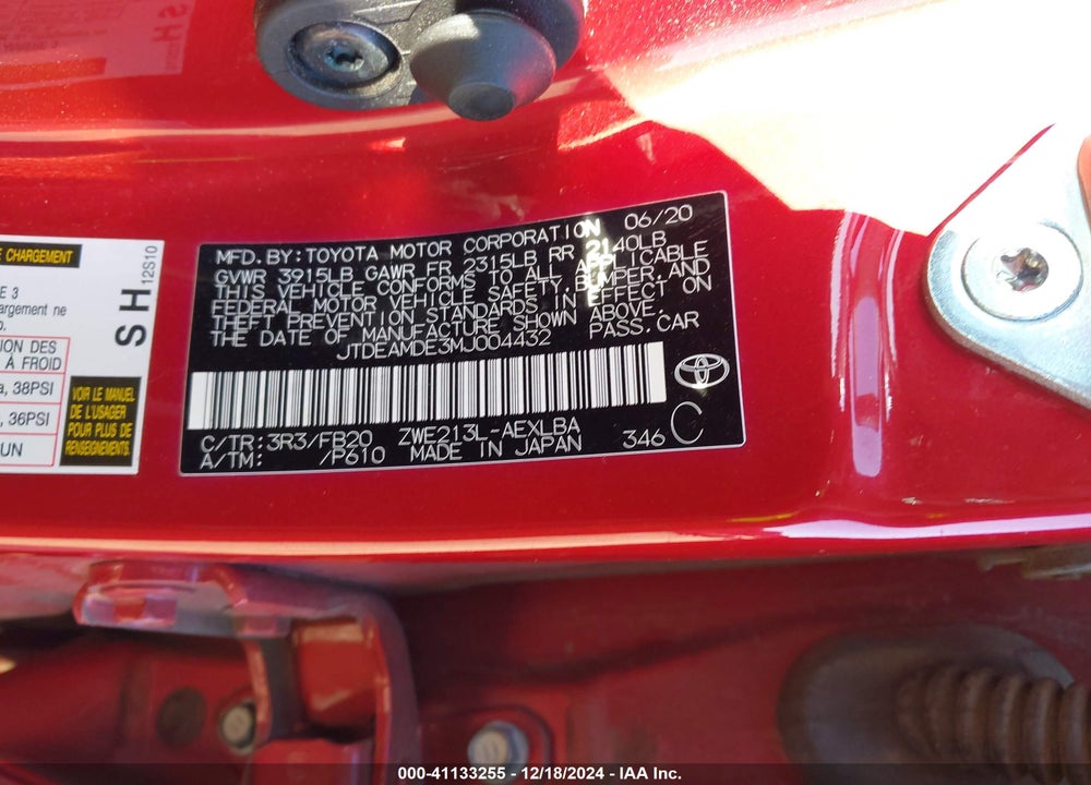2021 TOYOTA COROLLA HYBRID LE VIN: JTDEAMDE3MJ004432