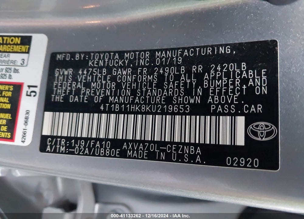2019 TOYOTA CAMRY LE VIN: 4T1B11HK8KU219653
