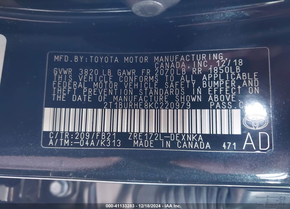 2019 TOYOTA COROLLA LE VIN: 2T1BURHE8KC220979