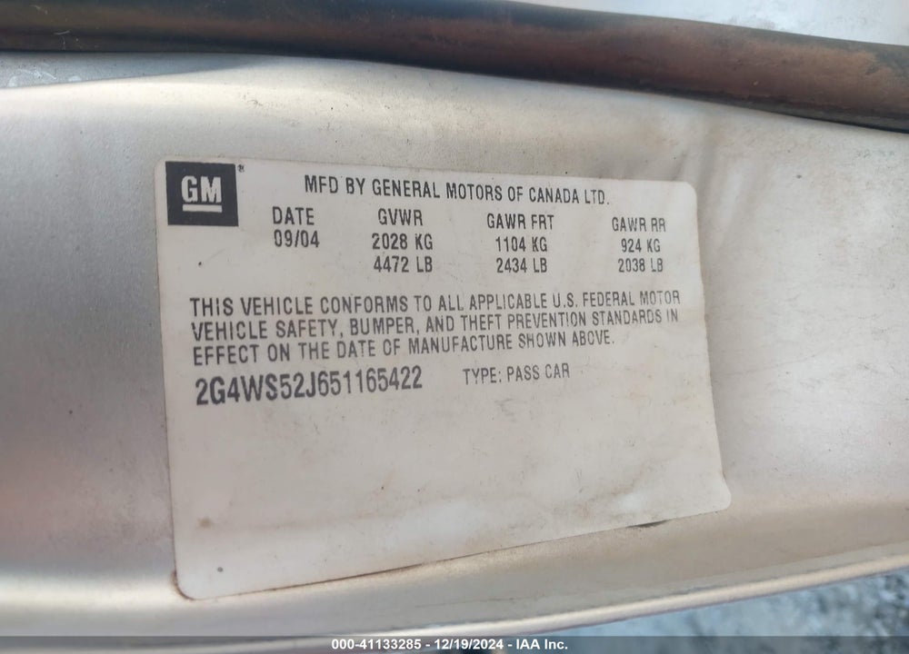2005 BUICK CENTURY VIN: 2G4WS52J651165422