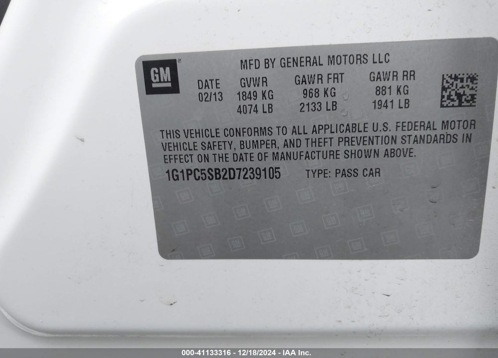 2013 CHEVROLET CRUZE 1LT AUTO VIN: 1G1PC5SB2D7239105
