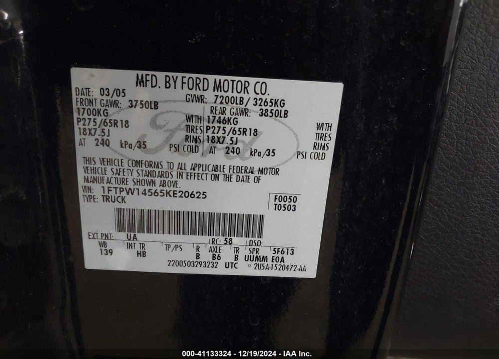 2005 FORD F-150 FX4/LARIAT/XLT VIN: 1FTPW14565KE20625