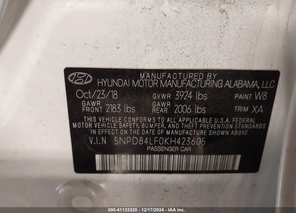 2019 HYUNDAI ELANTRA VIN: 5NPD84LF0KH423605