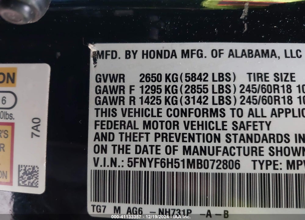 2021 HONDA PILOT AWD EX-L VIN: 5FNYF6H51MB072806
