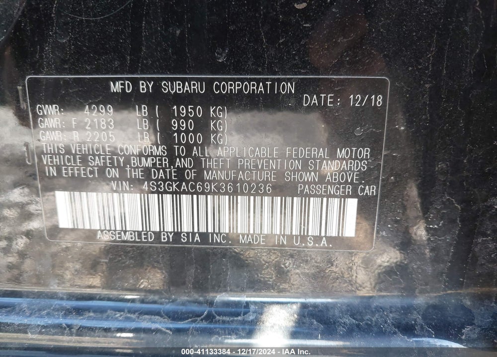 2019 SUBARU IMPREZA VIN: 4S3GKAC69K3610236