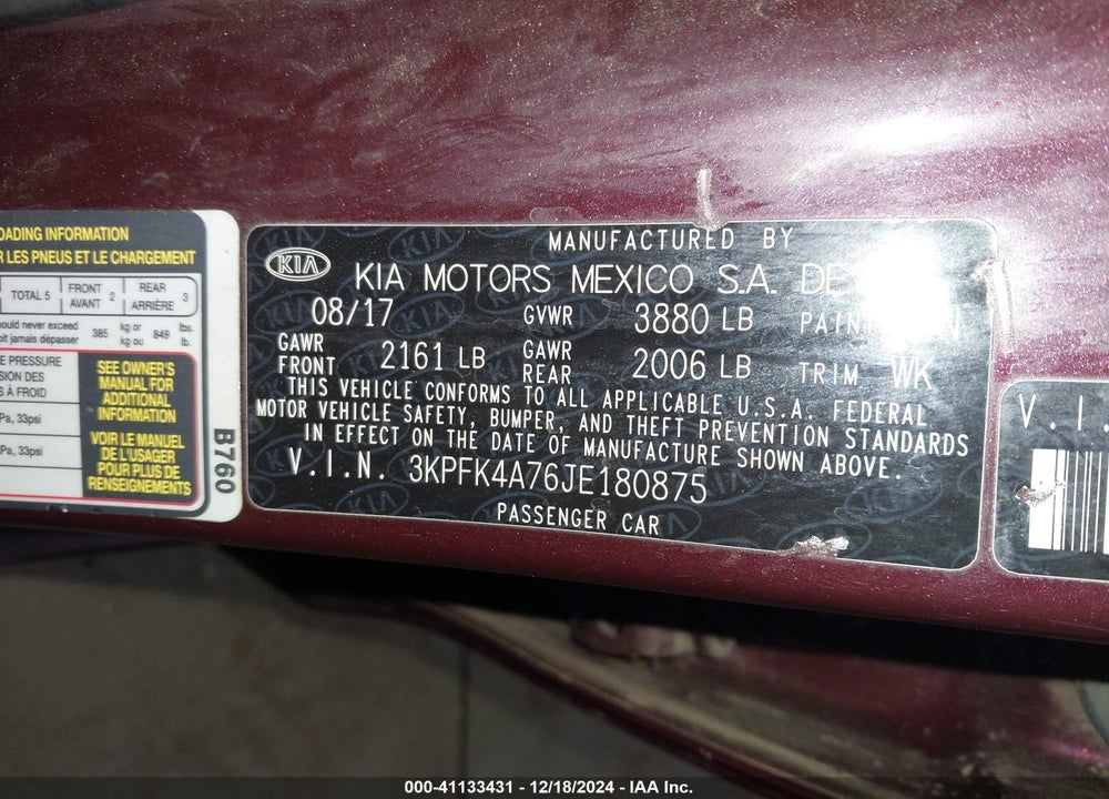 2018 KIA FORTE LX VIN: 3KPFK4A76JE180875