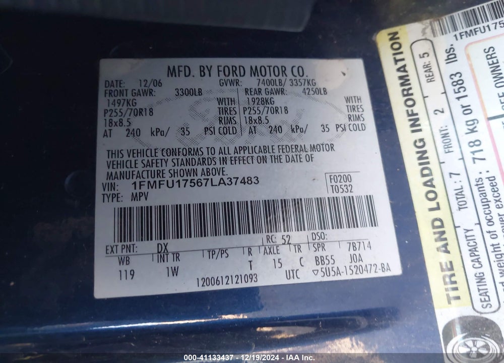 2007 FORD EXPEDITION EDDIE BAUER VIN: 1FMFU17567LA37483