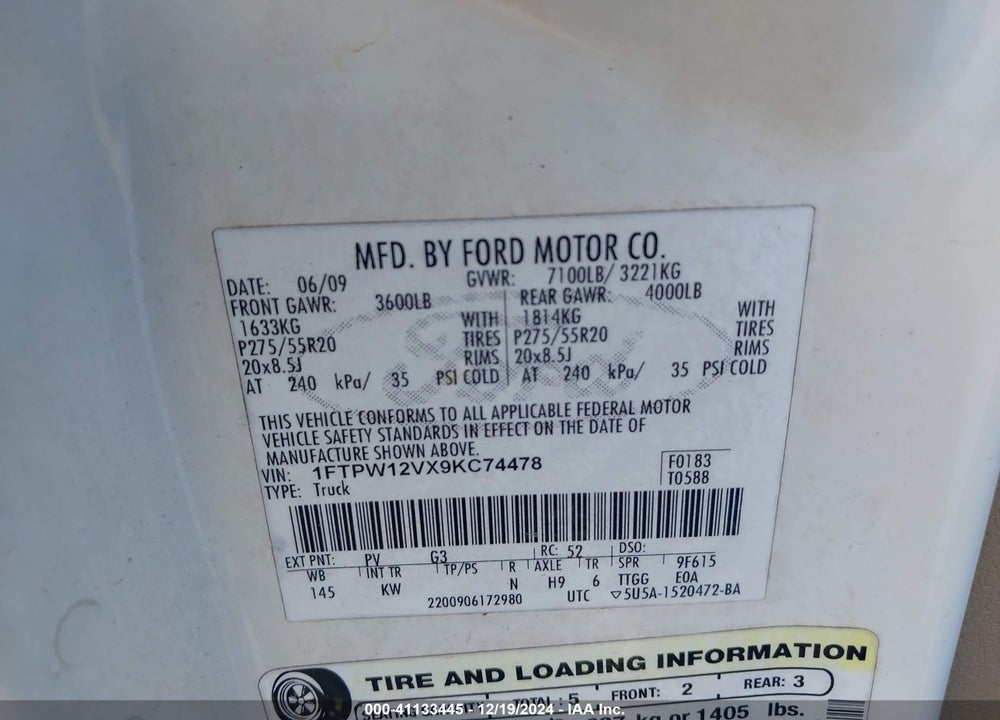2009 FORD F150 VIN: 1FTPW12VX9KC74478